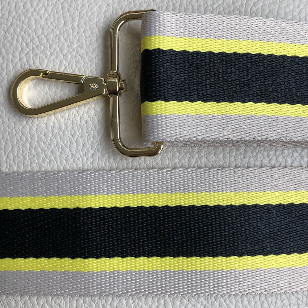 Interchangeable black yellow and beige striped wide fabric bag strap with gold hardware 