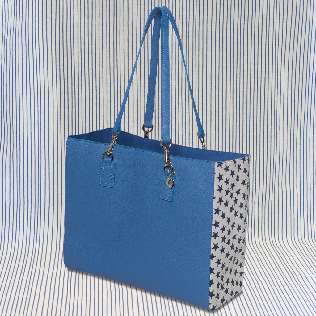 Blue leather with white / blue star suede tote bag