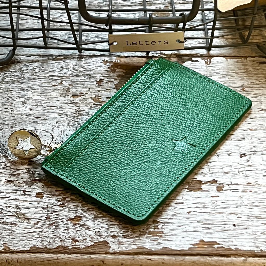cactus green leather card holder reverse showing branded star stamp