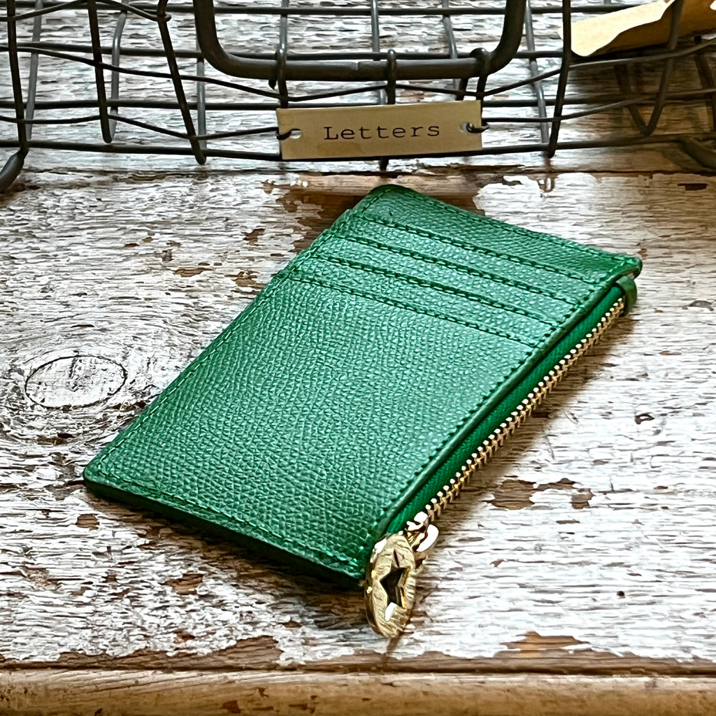 Cactus Green leather card holder with star disc zip pull