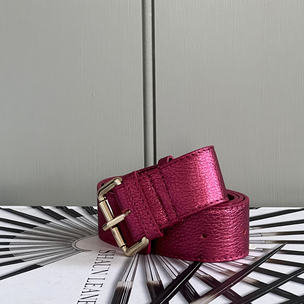 Metallic Pink Leather Belt with Gold Buckle