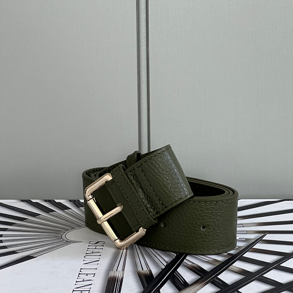 Olive green leather belt with gold buckle