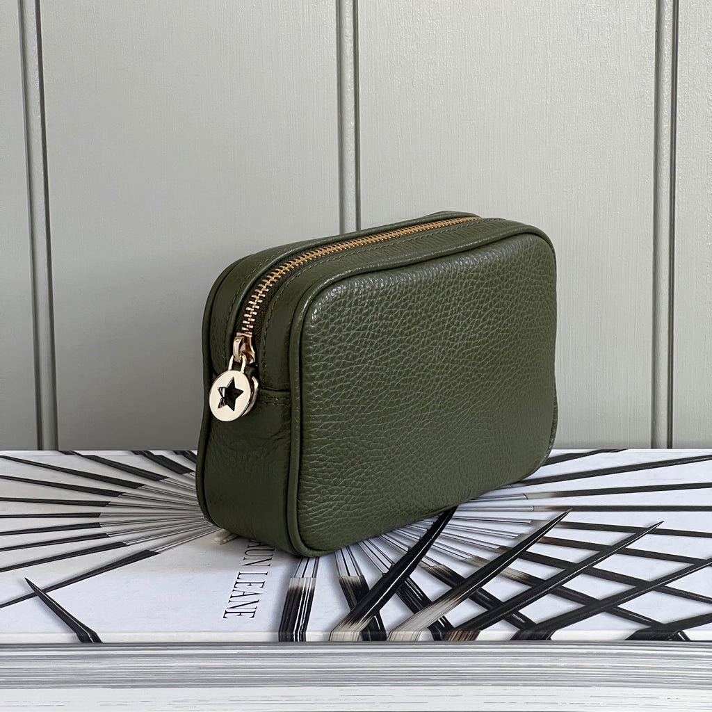 Olive green leather handbag with gold buckle