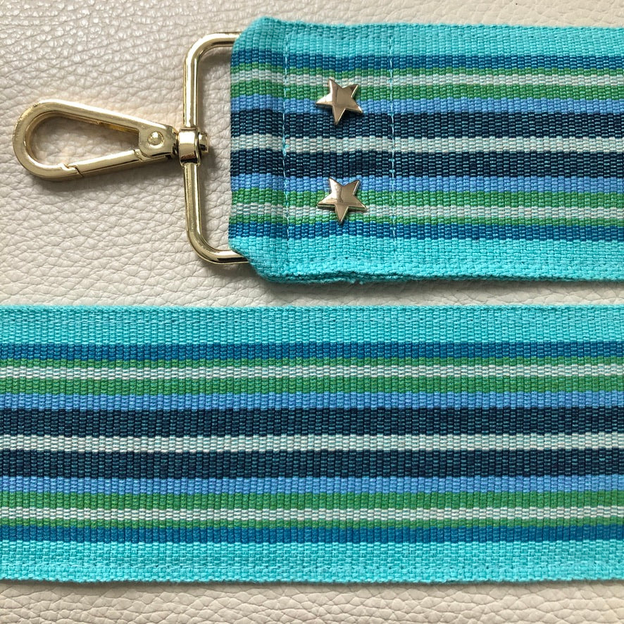 Blue, green striped wide bag strap deckchair style