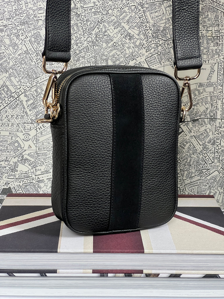 black large leather messenger with wide leather strap 