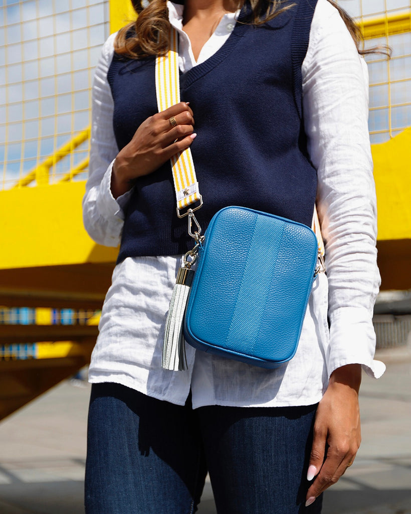 Blue leather camera crossbody bag with interchangeable tassel and strap 