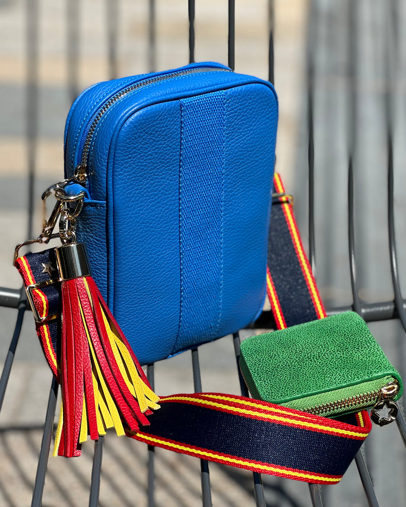 Blue leather camera crossbody bag with interchangeable tassel and strap 