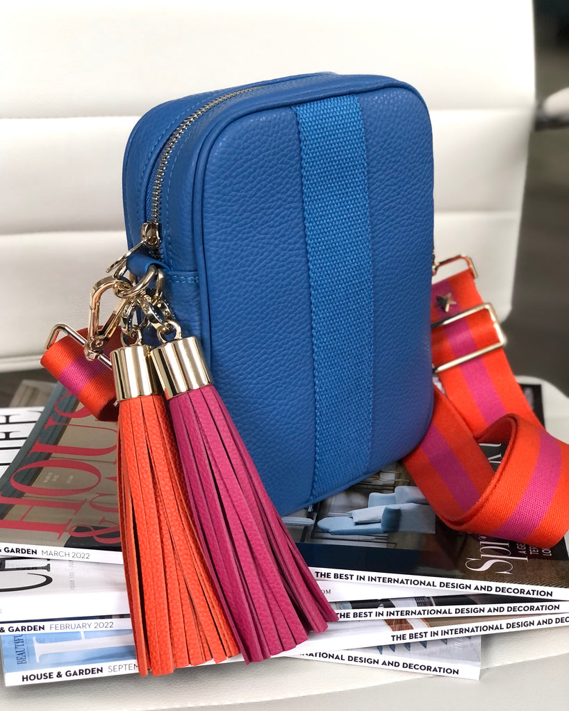 Blue leather camera crossbody bag with interchangeable tassel and strap 