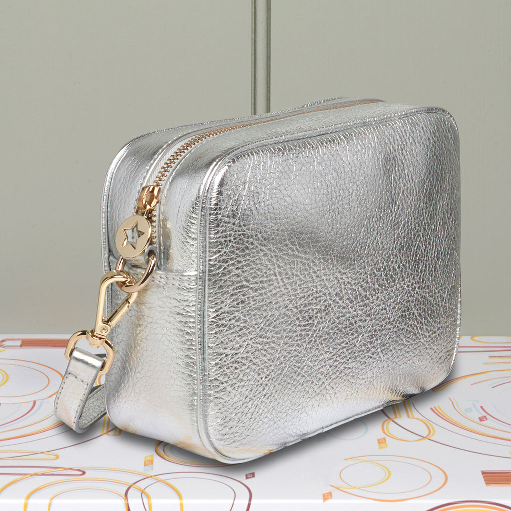 Silver Leather camera style crossbody bag