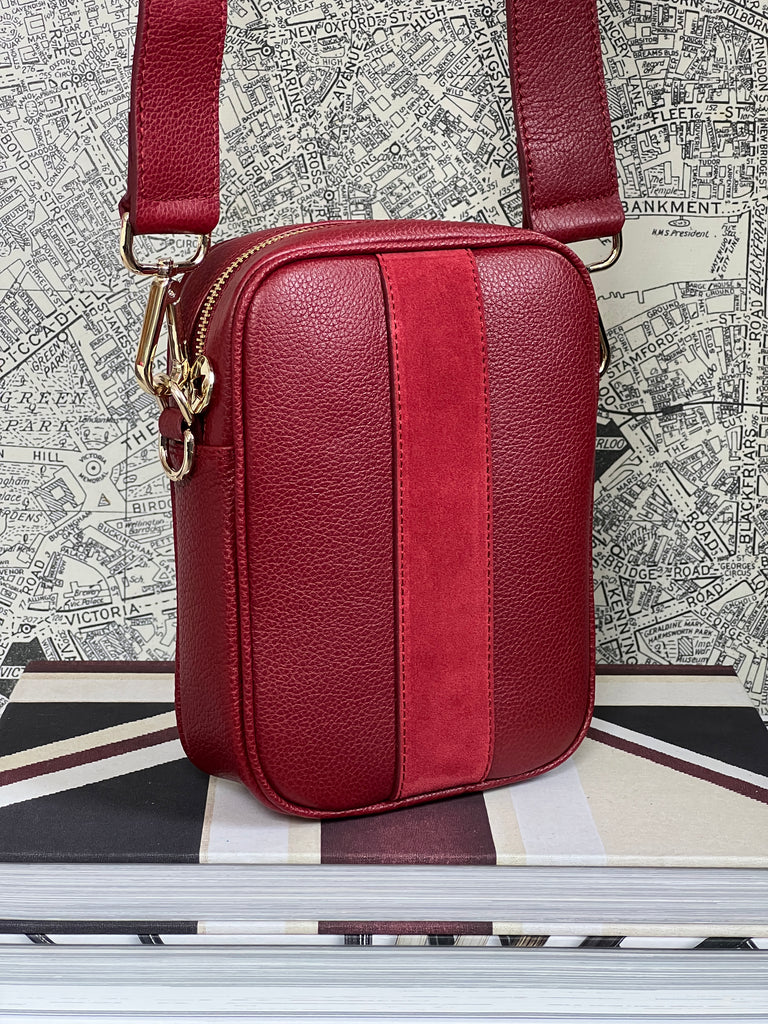 Red leather with suede central stripe camera crossbody bag