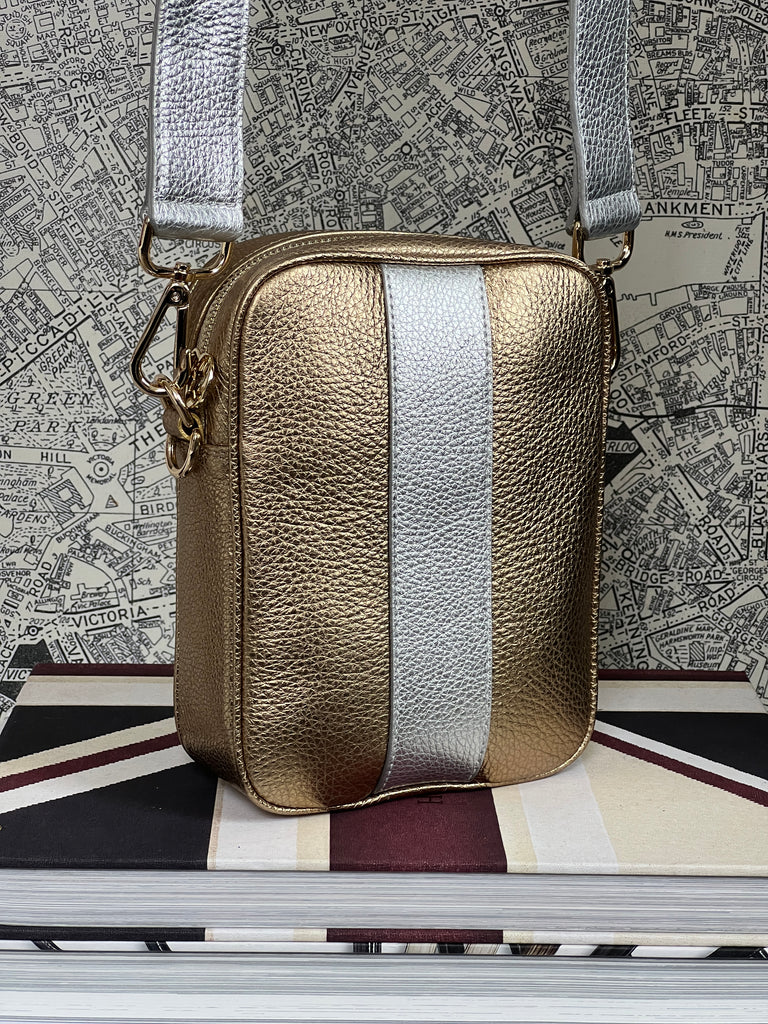 Gold Silver Leather Crossbody Bag and camera bag