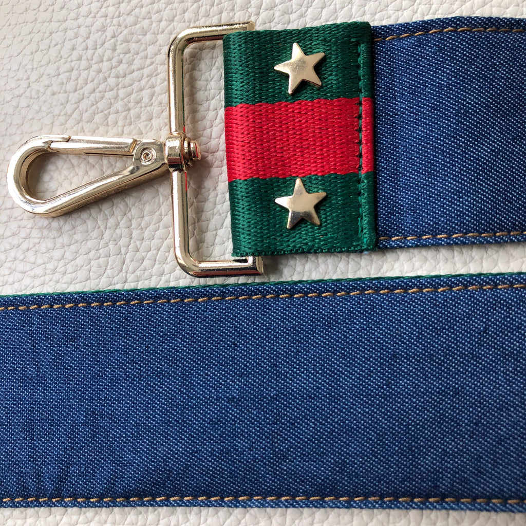 Interchangeable Denim and  Reverse & cuff green & red stripe fabric bag strap 