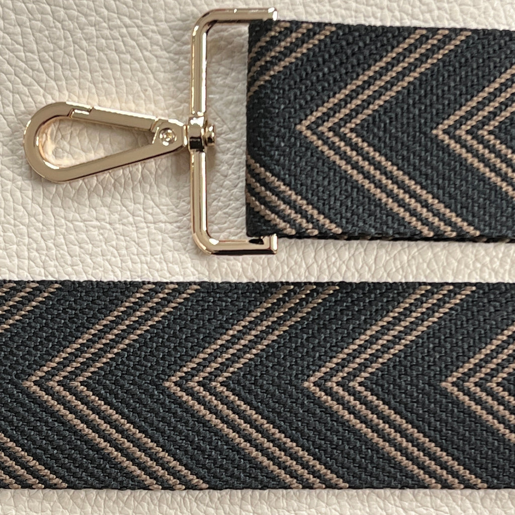 Interchangeable black and brown herringbone patterned fabric wide strap 