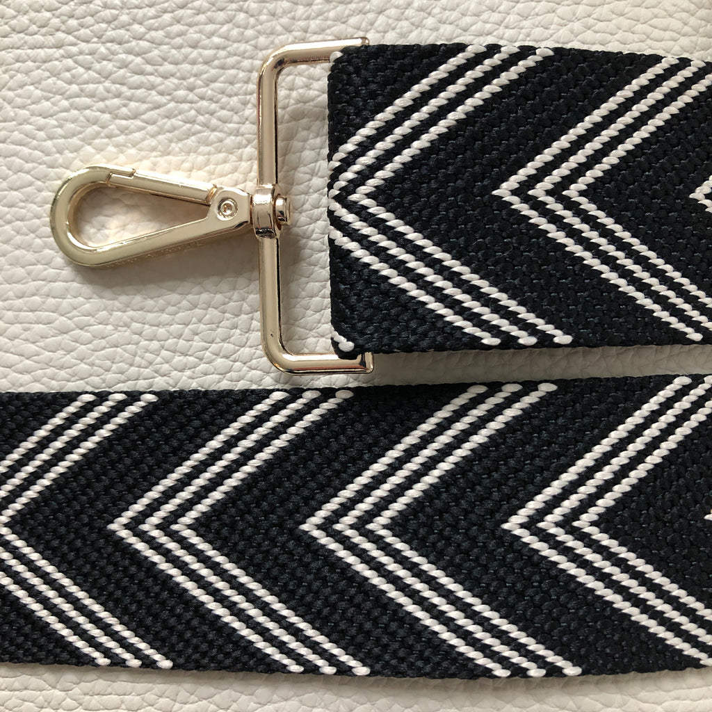 Interchangeable black and white herringbone wide fabric bag strap with gold hardware 