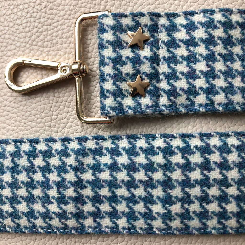 Interchangeable blue and white tweed wide fabric strap with gold hardware