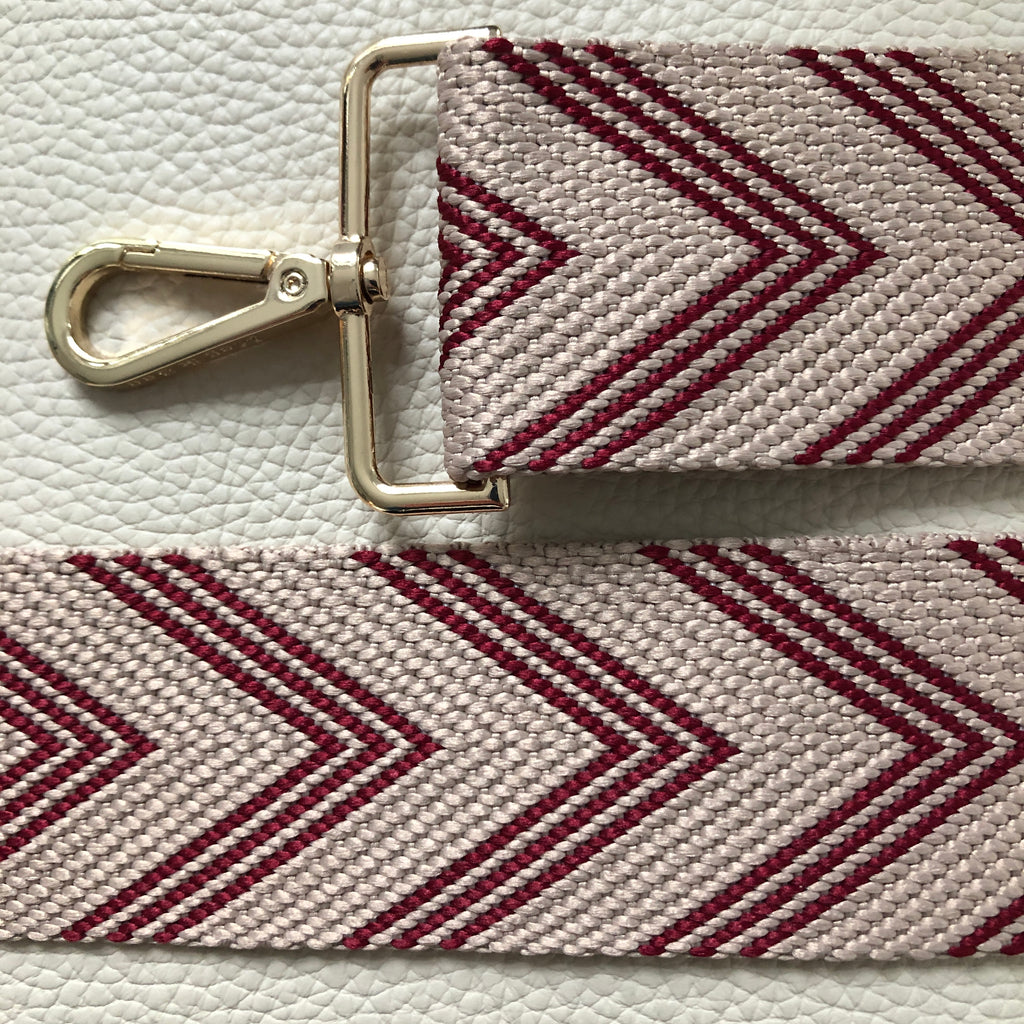 Interchangeable deep red and beige herringbone wide fabric bag strap with gold hardware