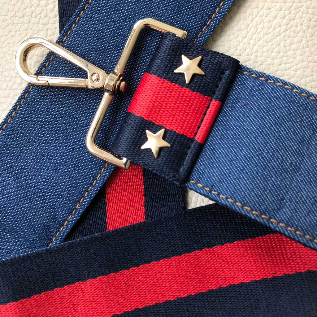 Interchangeable denim with the reverse side blue and red stripe wide fabric bag strap with gold hardware