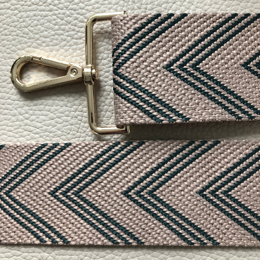 Interchangeable green and beige herringbone wide fabric bag strap with gold hardware