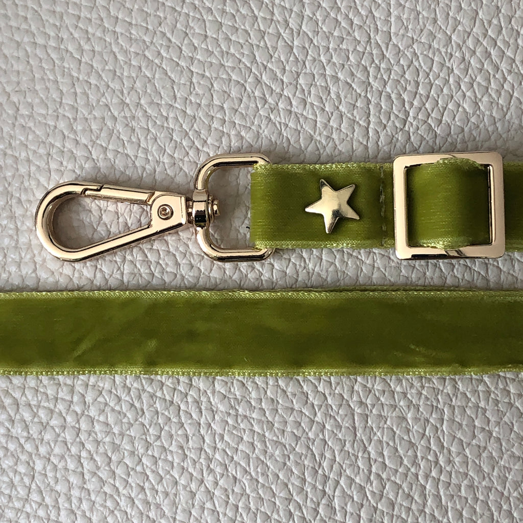 Interchangeable green skinny velvet bag strap with gold hardware