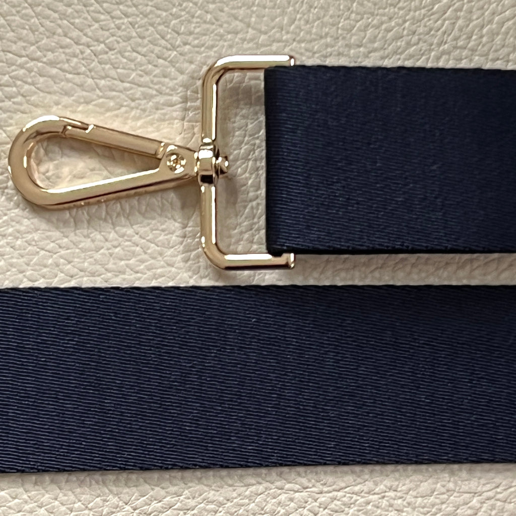 Interchangeable slim navy plain fabric strap with gold hardware 