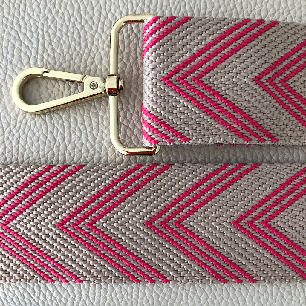 Interchangeable pink and beige herringbone wide fabric bag strap with gold hardware
