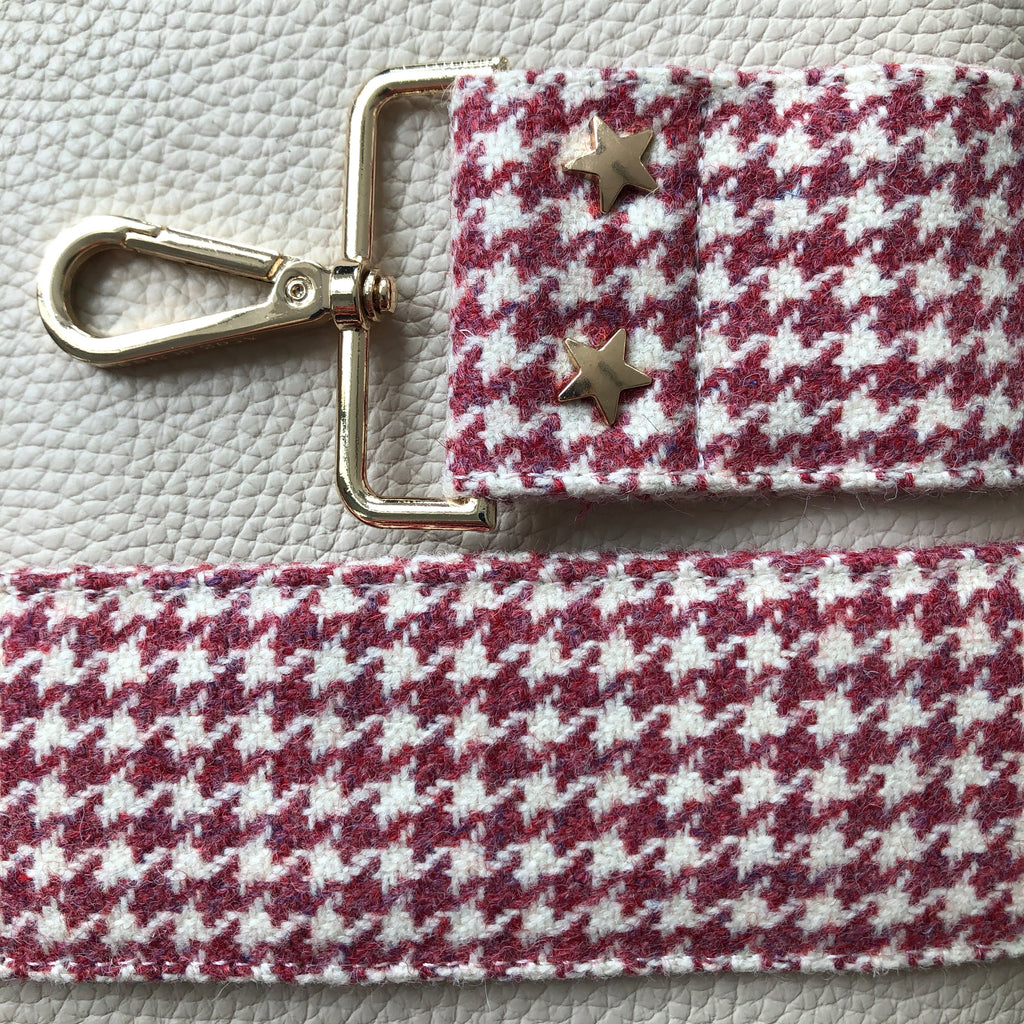 Interchangeable pink and white tweed wide bag strap with gold hardware