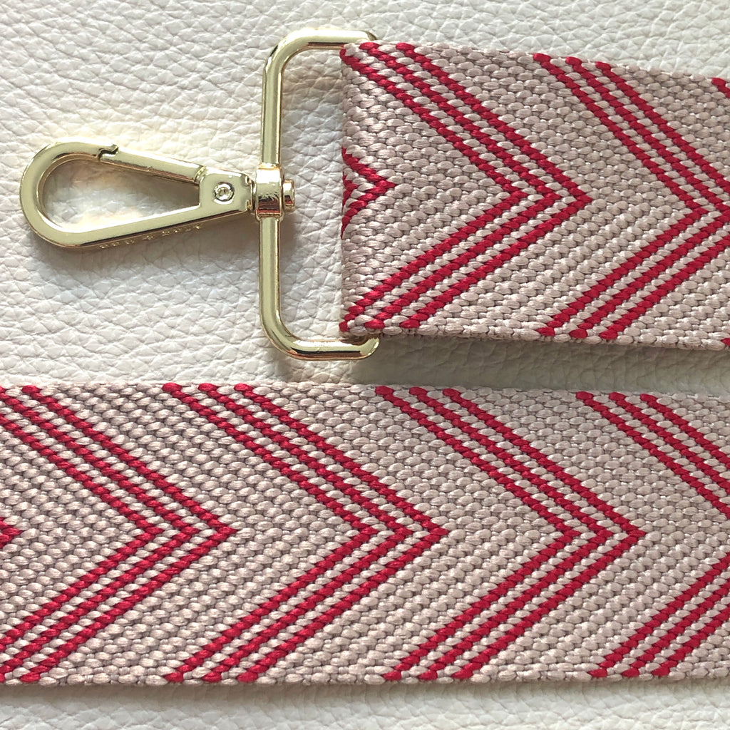 Interchangeable red and beige herringbone wide fabric bag strap with gold hardware