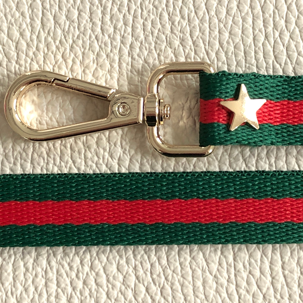 Interchangeable red and green striped skinny bag strap with gold hardware