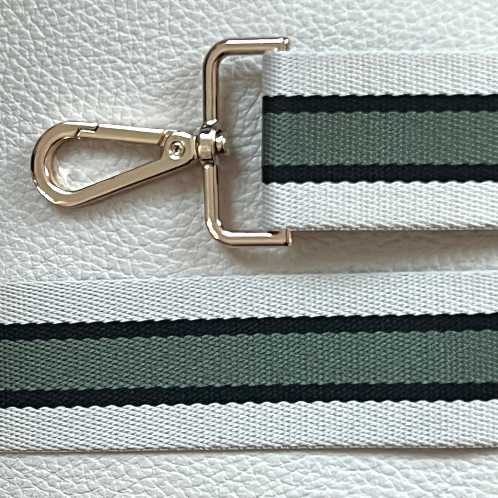 Interchangeable slim green and cream striped fabric strap with gold hardware 