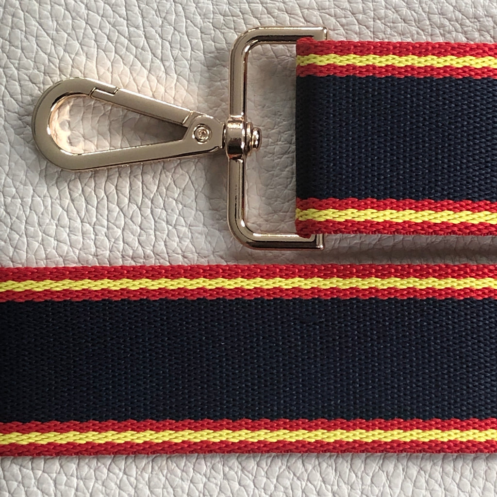 Interchangeable slim navy, red and yellow striped fabric strap with gold hardware 