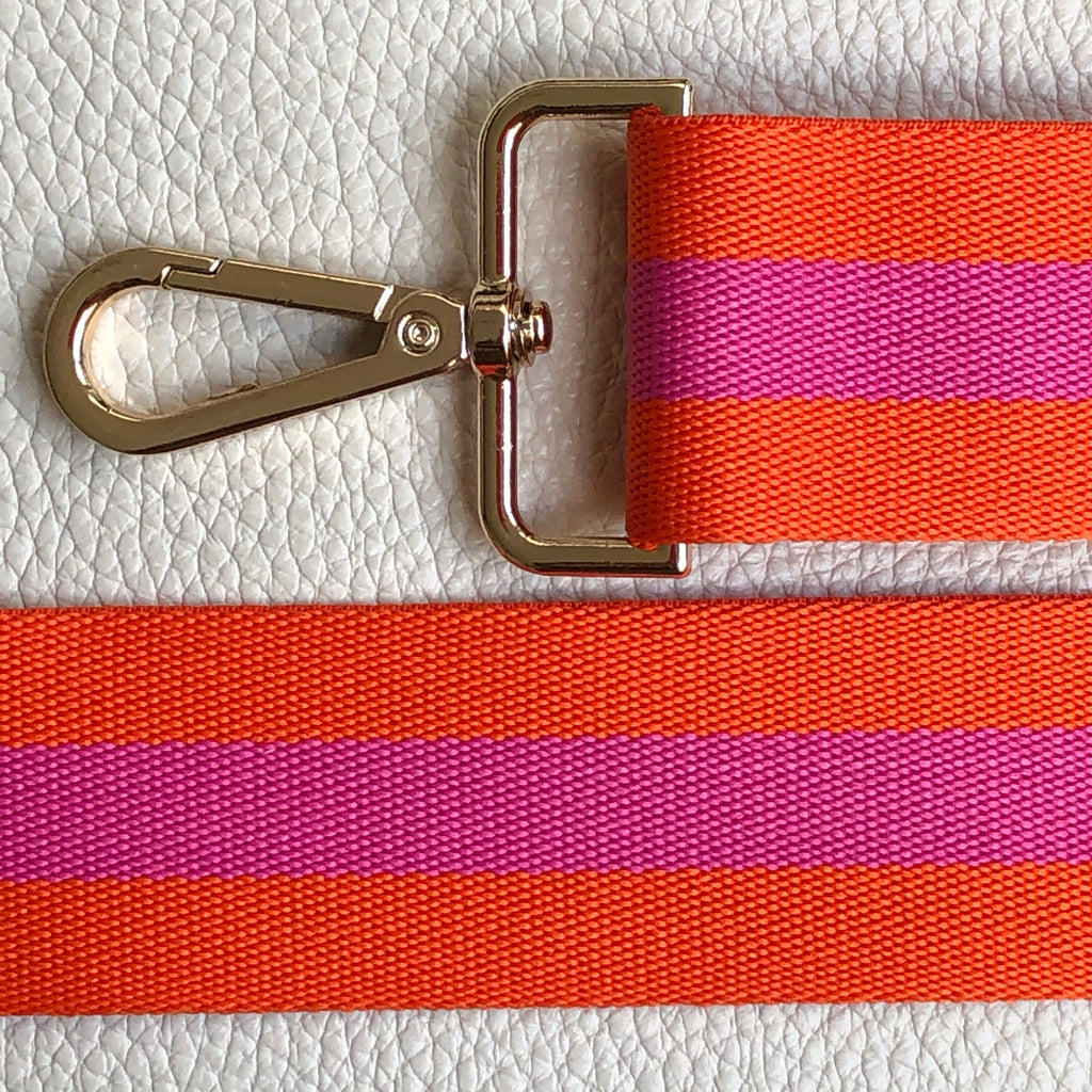 Interchangeable slim orange and pink striped fabric strap with gold hardware 
