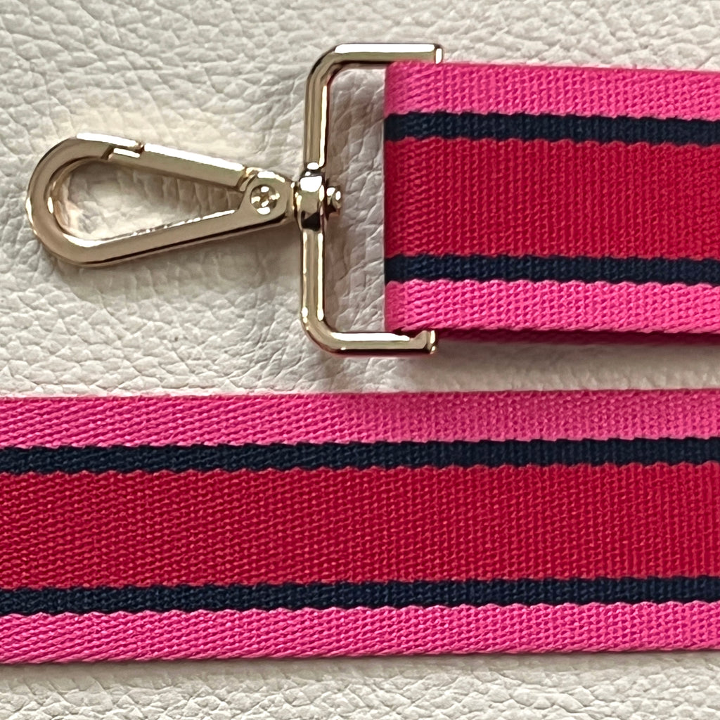 Interchangeable pink, red and navy striped fabric strap with gold hardware 