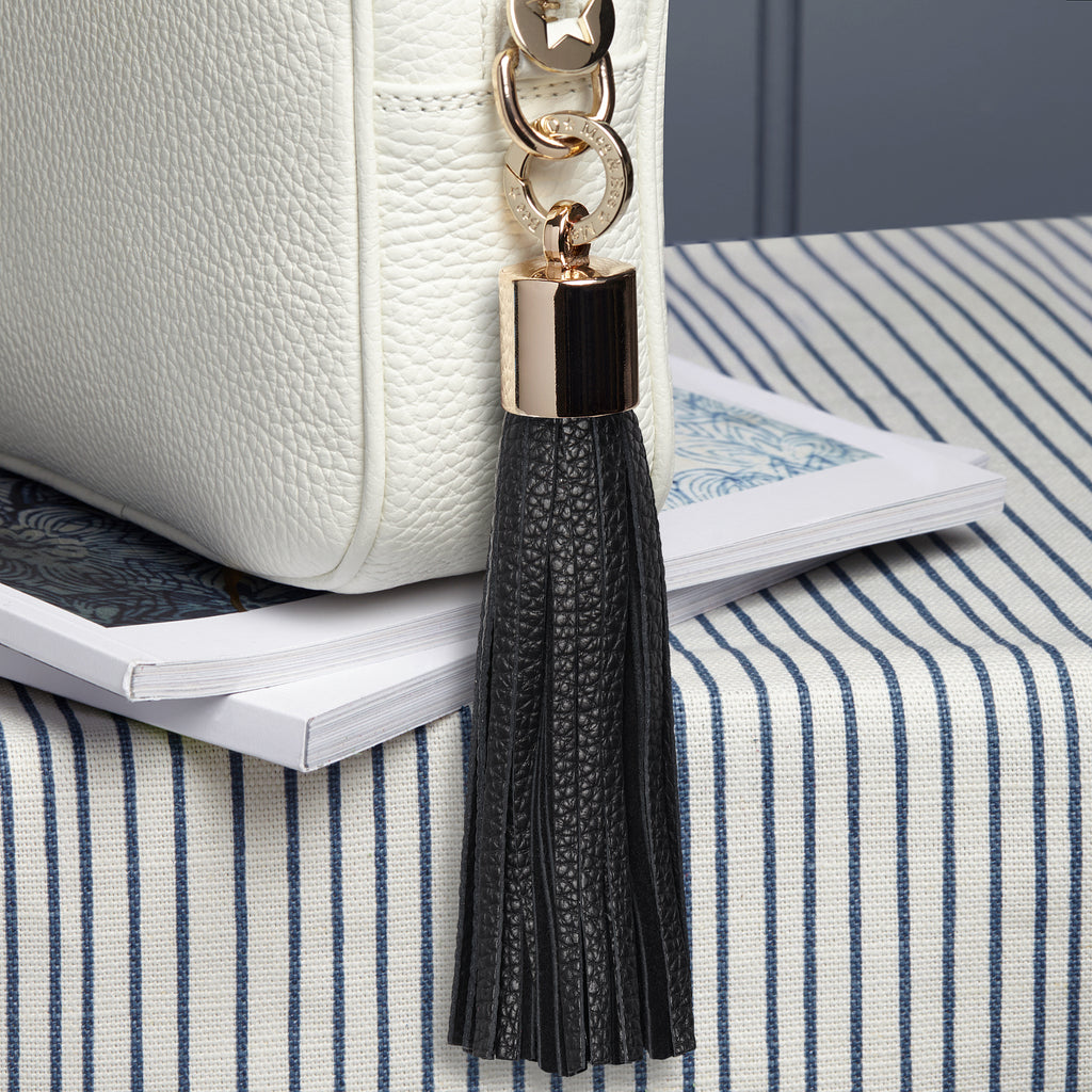 Large leather and suede black removable bag tassel with gold hardware attachable charm ring 