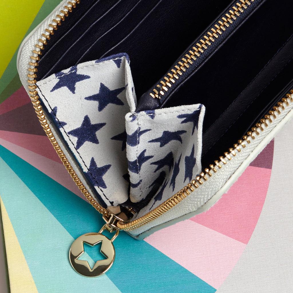 Large rectangular blue star patterned purse interior with hard holder and zip up coin compartment all with gold hardware