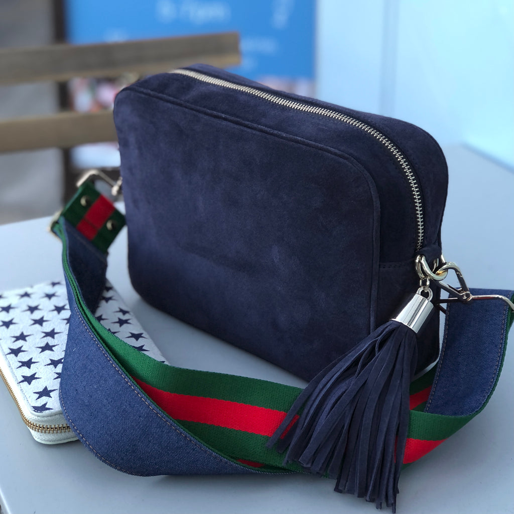 Large suede navy crossbody bag with wide denim removable bag strap 