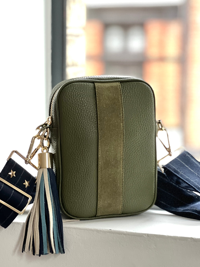 Olive Green Messenger bag with cream, Blue and navy tassel with gold hardware with charm ring and navy, white pin stripe wide strap.