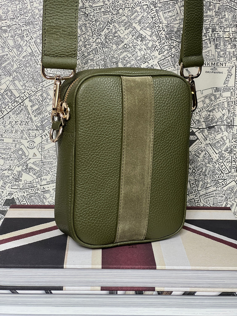 Olive green bag with gold hardware. 