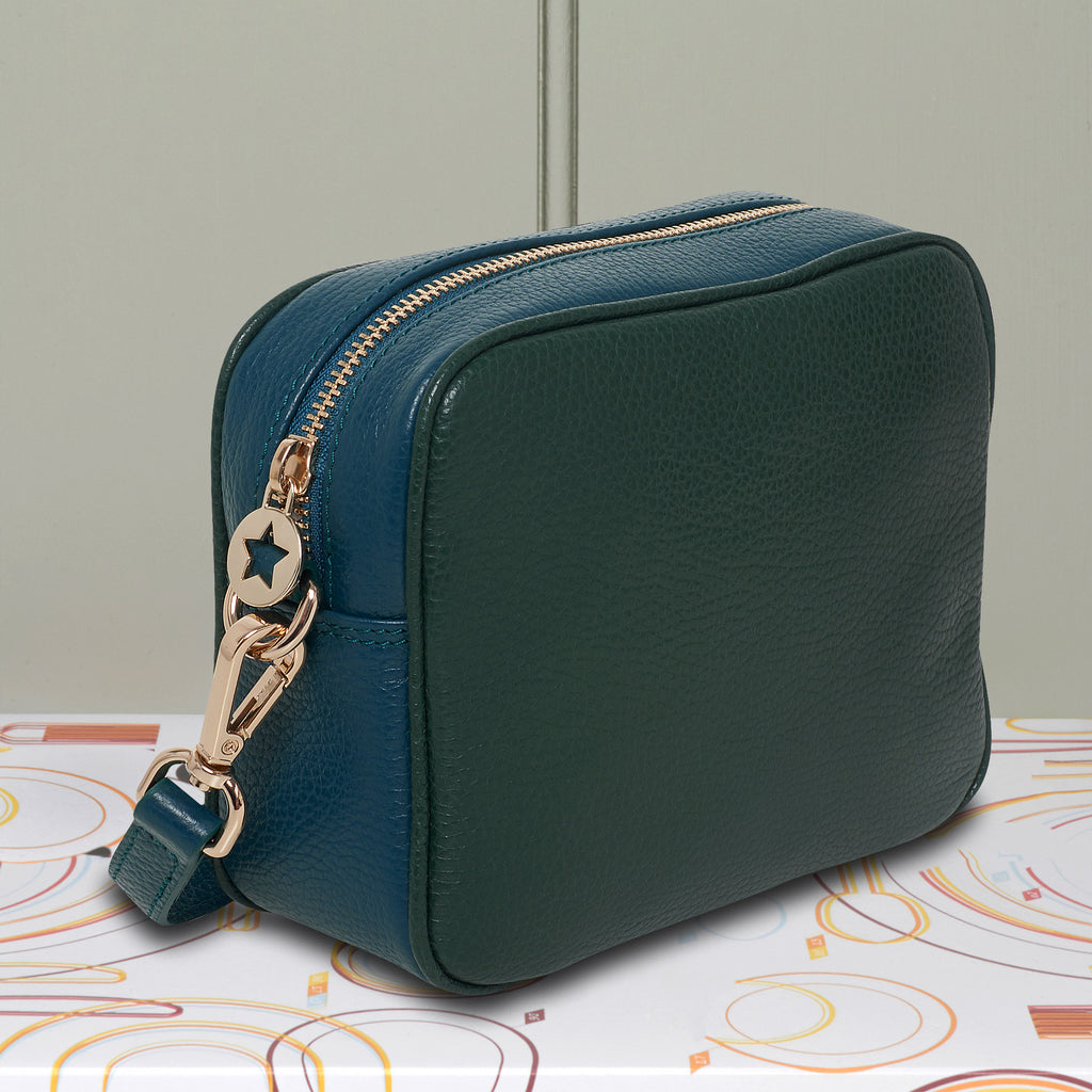 Green two tone leather crossbody camera style bag