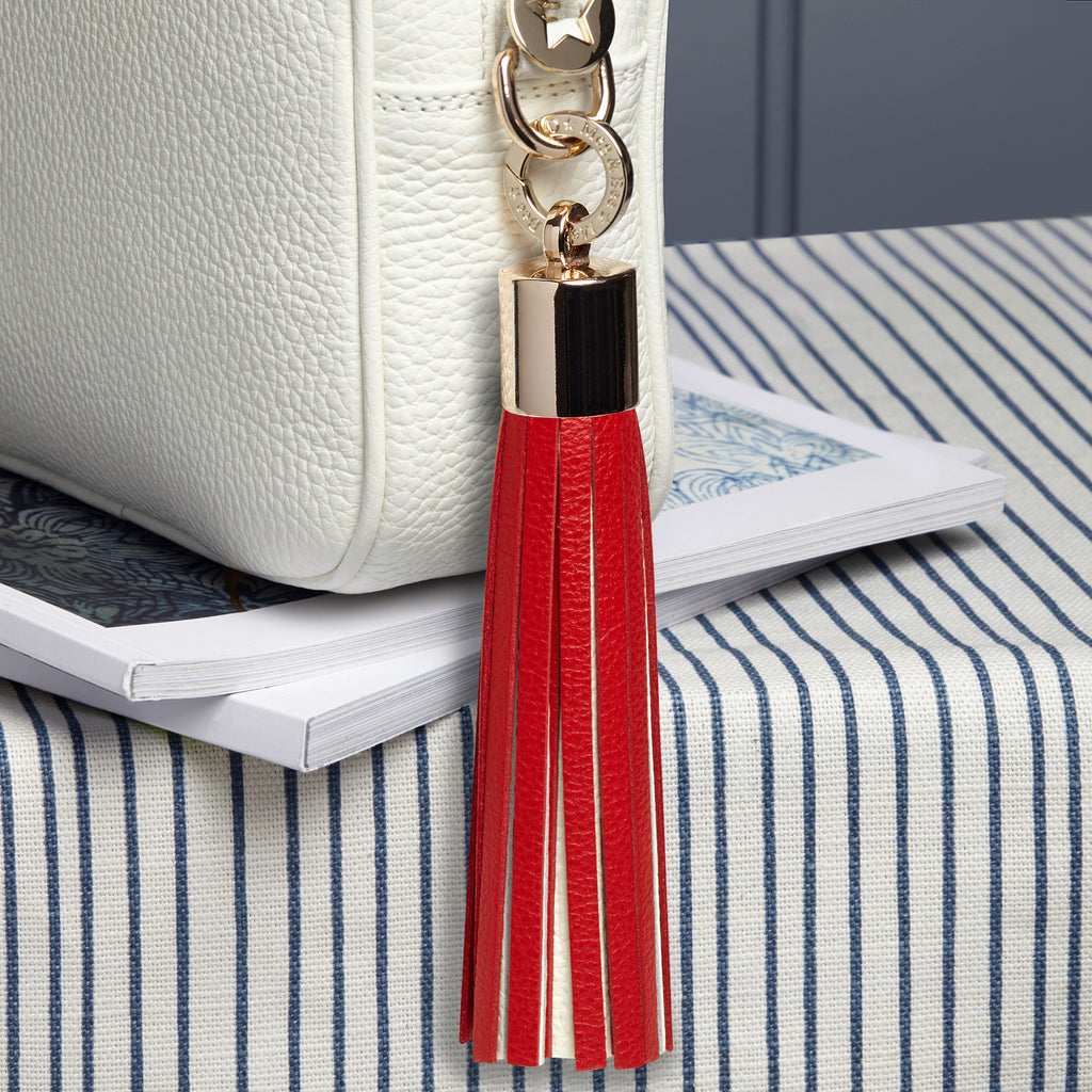 Red and white large leather removable bag tassel 