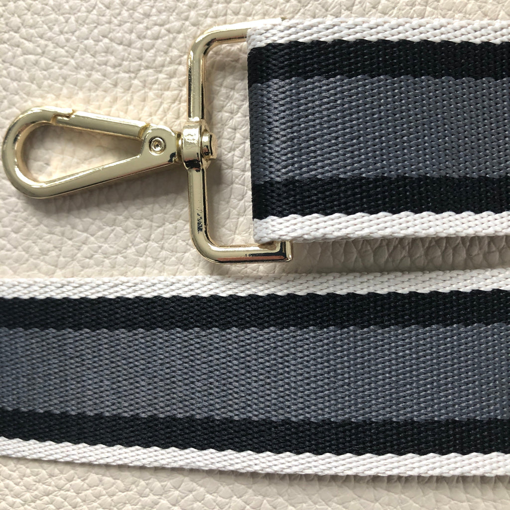 Slim grey striped fabric interchangeable strap with gold hardware,