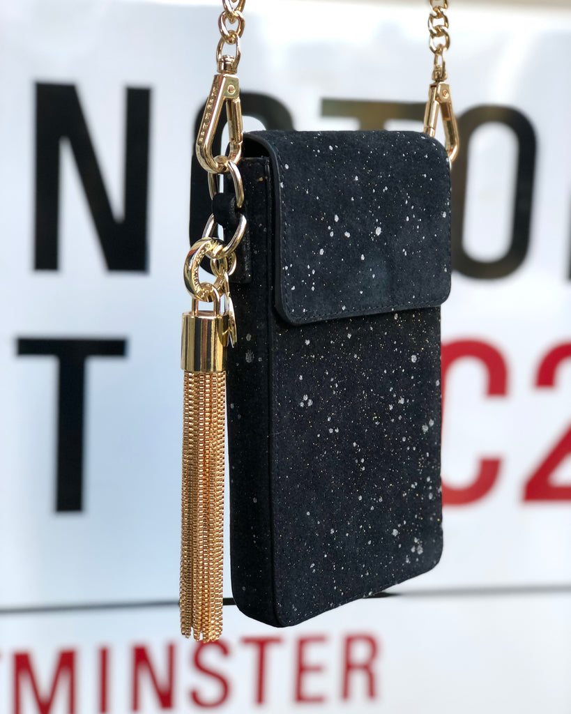 Small leather black phone bag with gold chain strap and tassel 