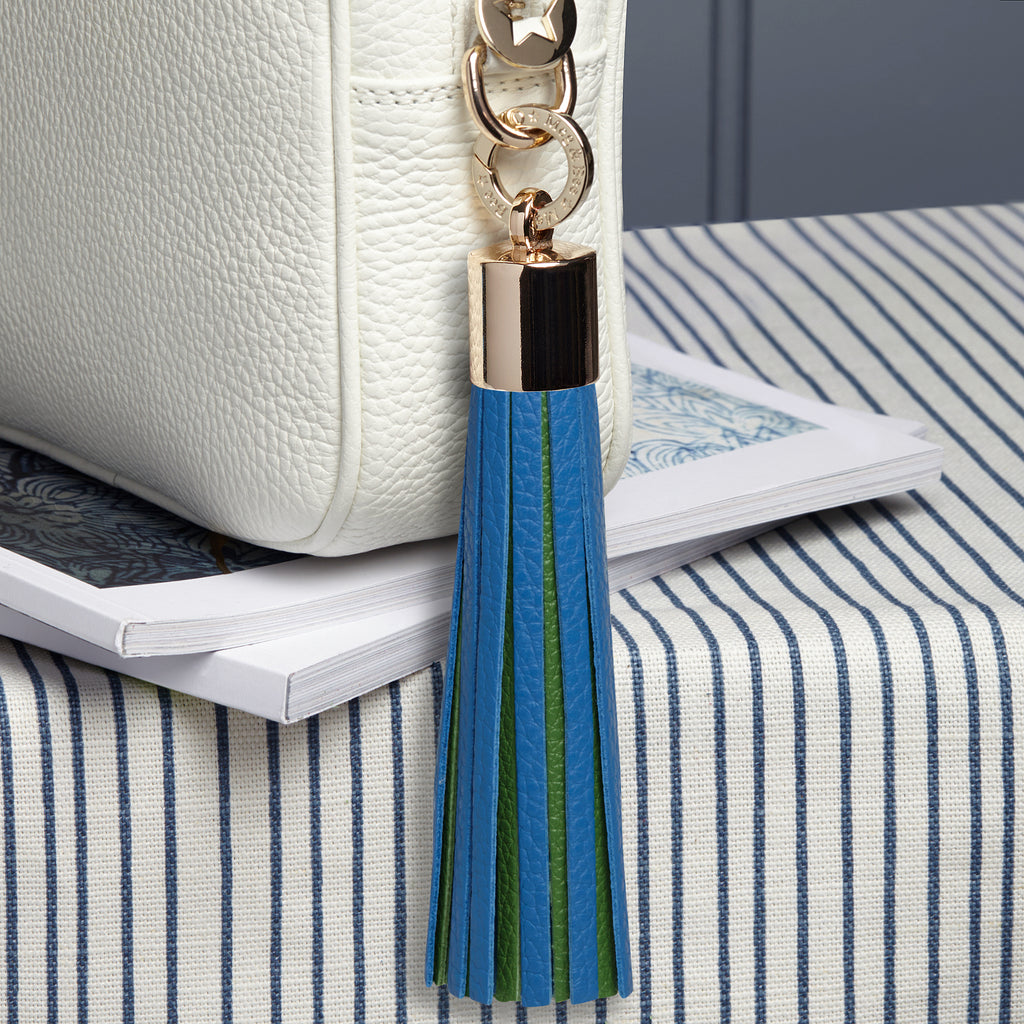 Large leather blue and green removable bag tassel with gold hardware and attachable charm ring 