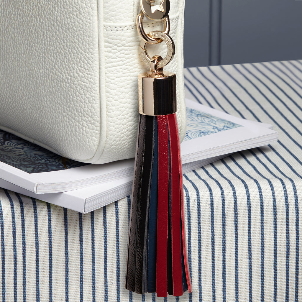 large patent leather red black and navy removable bag tassel